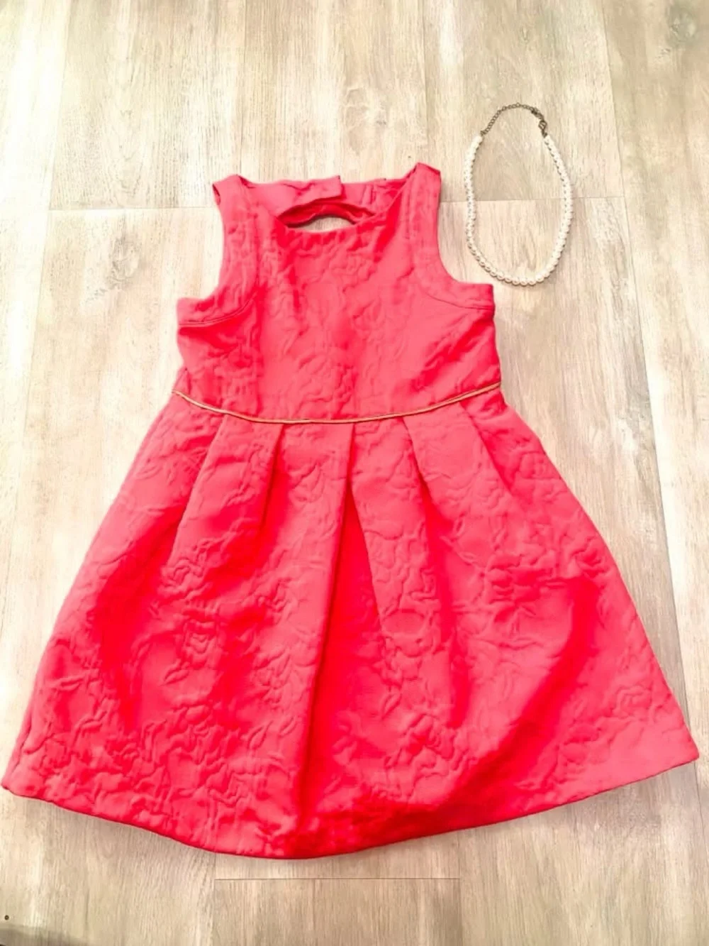 Janie and Jack Coral Pink Textured Party Dress with Gold Waist Trim